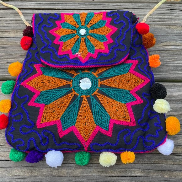 Girl Cross Body Bag Multi Color Embroidery Pom Pom - Picture 4 of 10